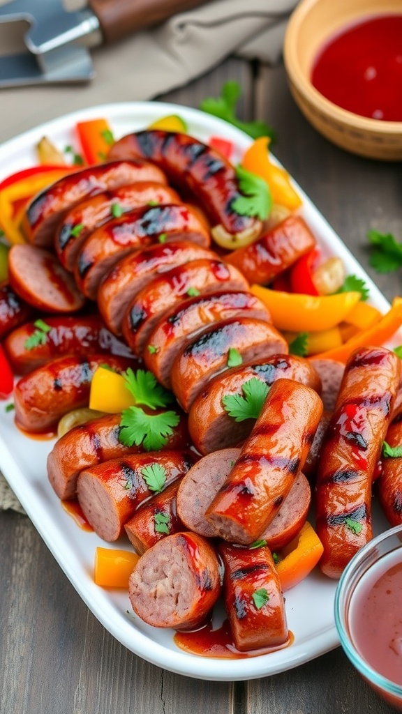 Grilled barbecue kielbasa with peppers and onions on a rustic table.